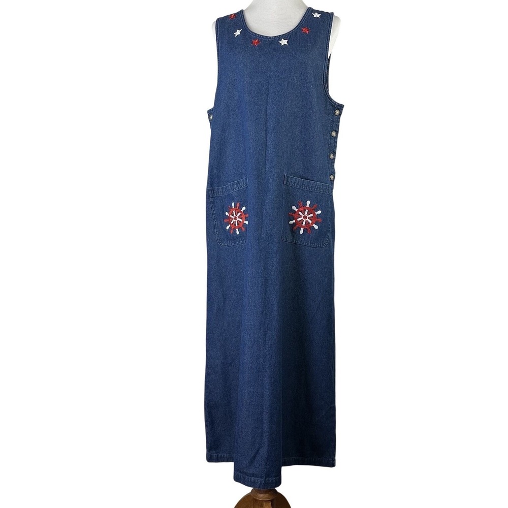 Westbound Denim Pinafore‎ Dress Nautical Patriotic Cottagecore Vintage Womens L